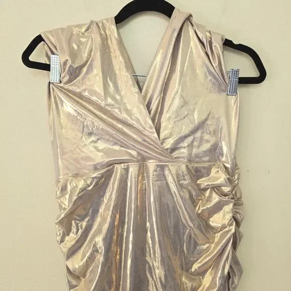 NWT Oh Polly Dalilah Metallic Maxi Gown Hooded A Light Gold Women's Size US 10 - Picture 7 of 12